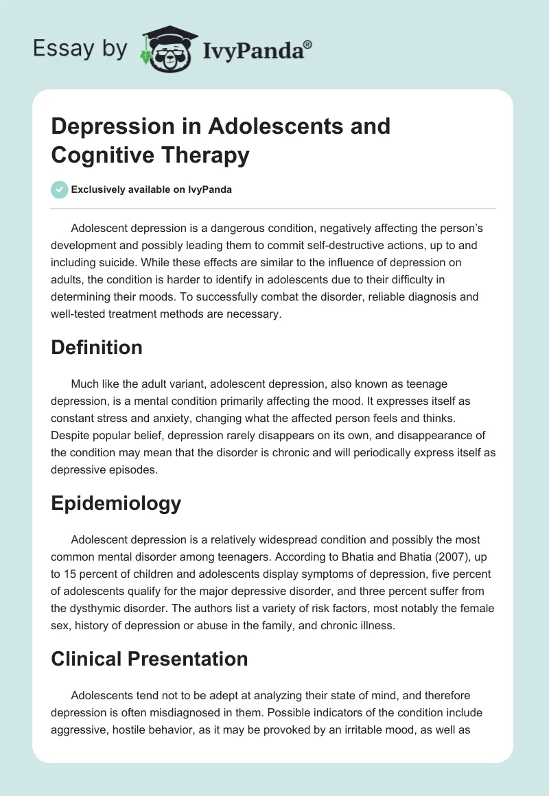 Depression in Adolescents and Cognitive Therapy. Page 1