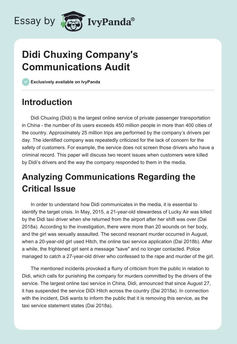 Didi Chuxing Company's Communications Audit. Page 1
