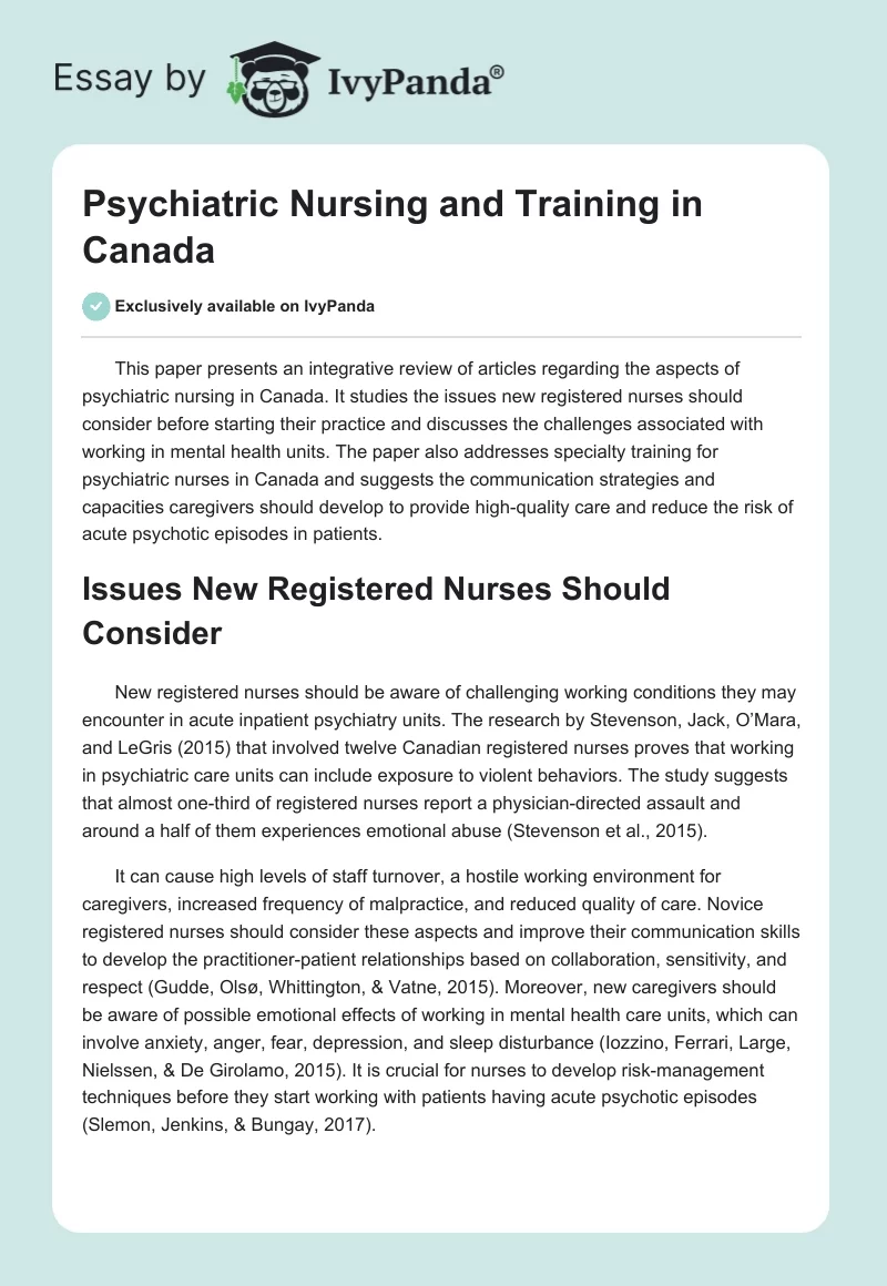 Psychiatric Nursing and Training in Canada. Page 1