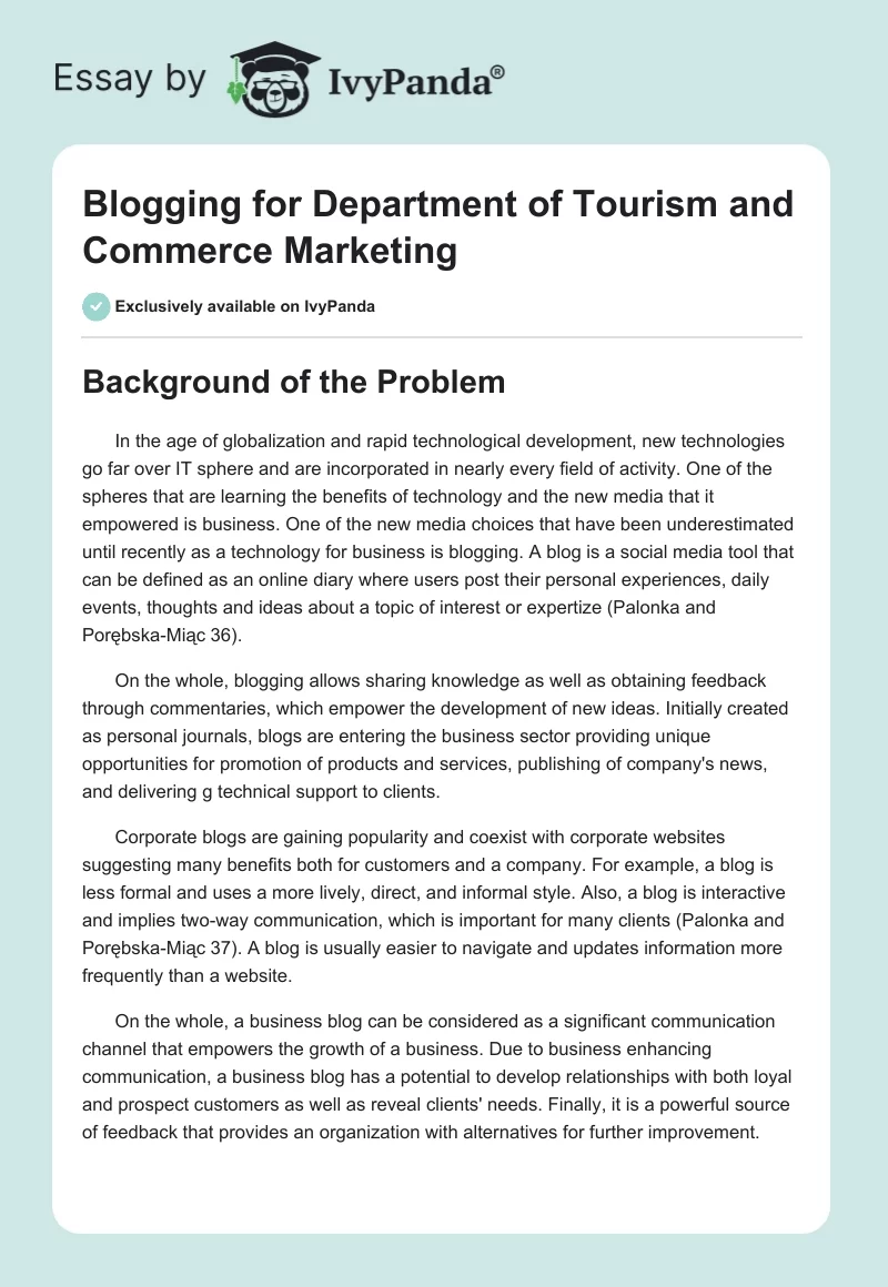Blogging for Department of Tourism and Commerce Marketing. Page 1