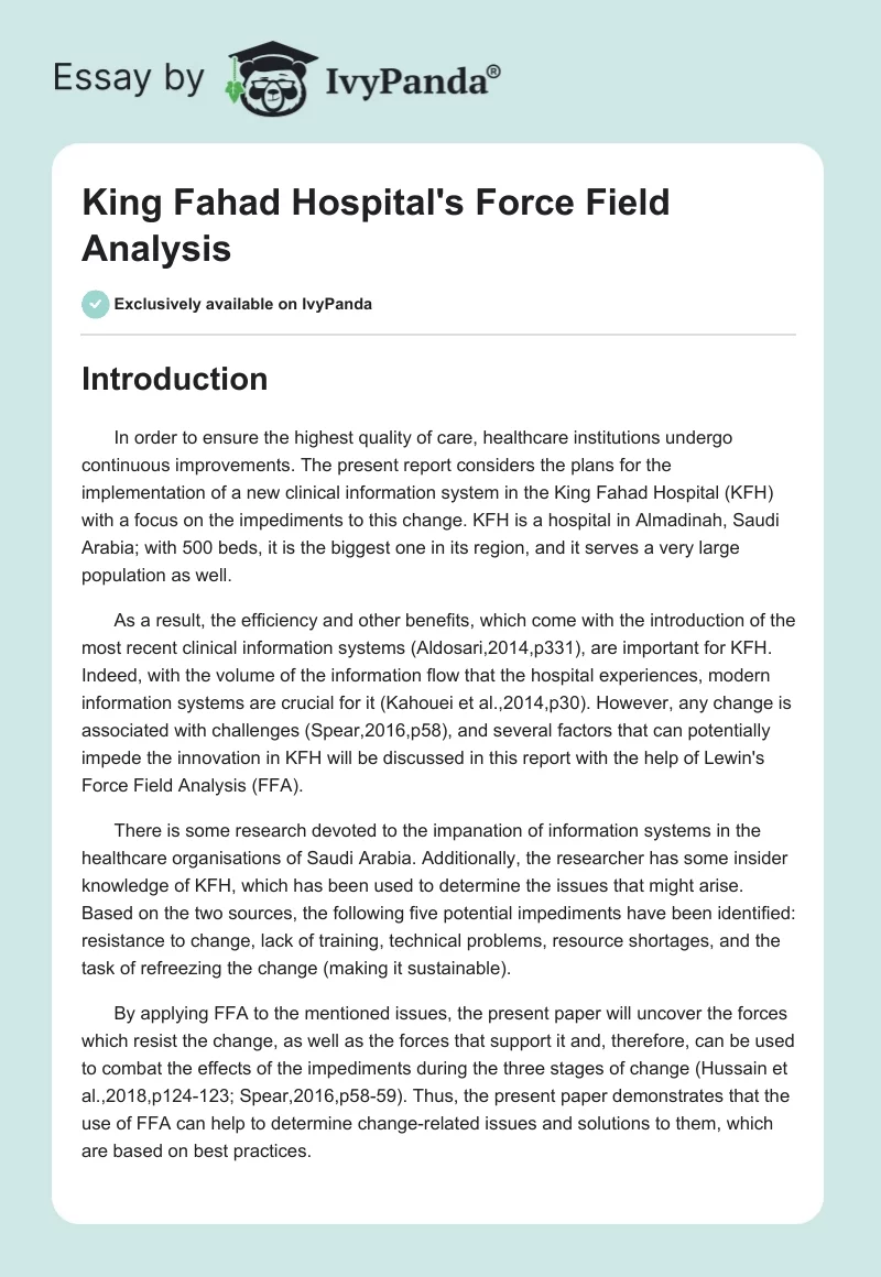 King Fahad Hospital's Force Field Analysis. Page 1