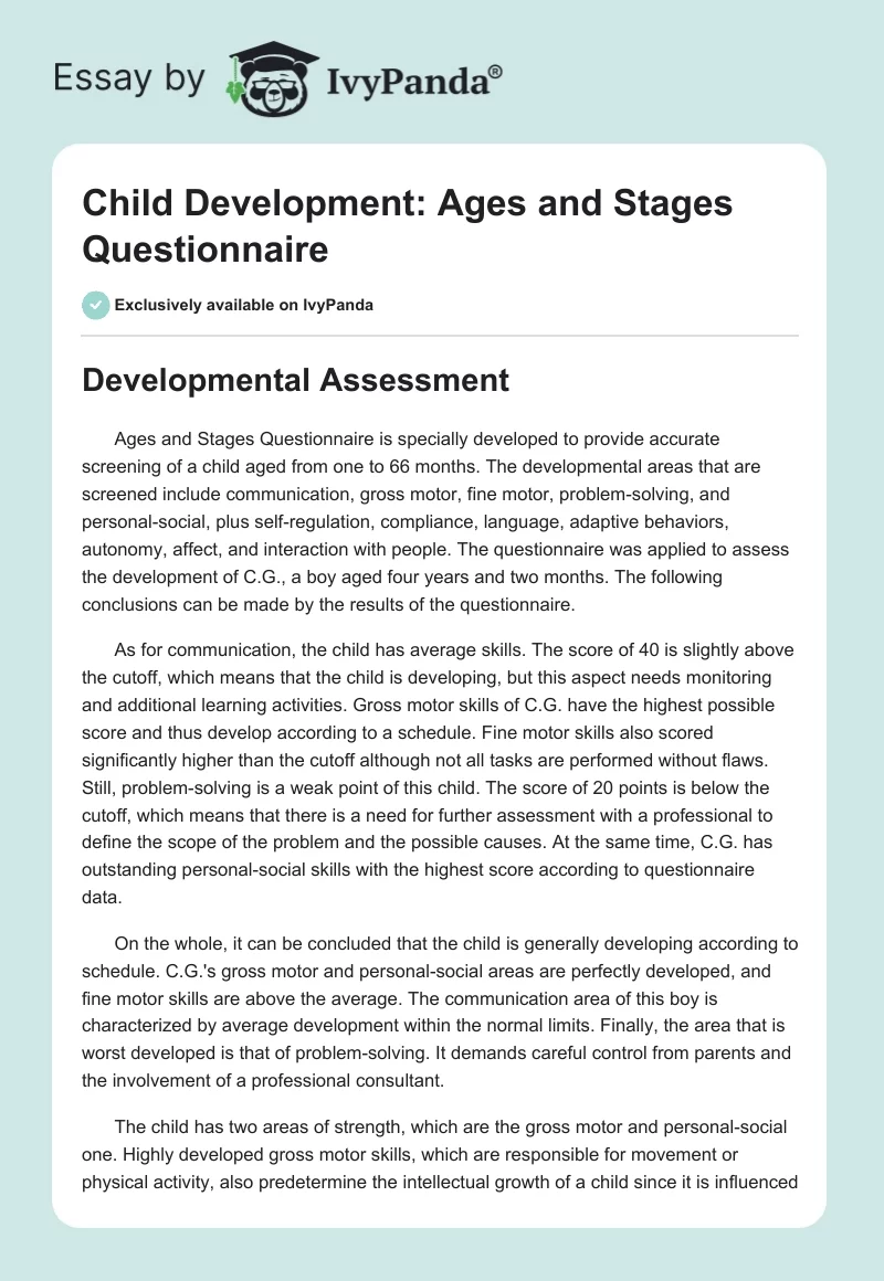 Child Development: Ages and Stages Questionnaire. Page 1