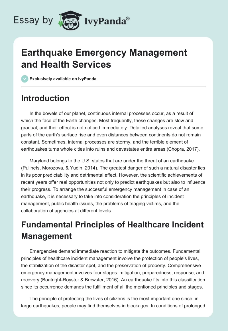 Earthquake Emergency Management and Health Services. Page 1