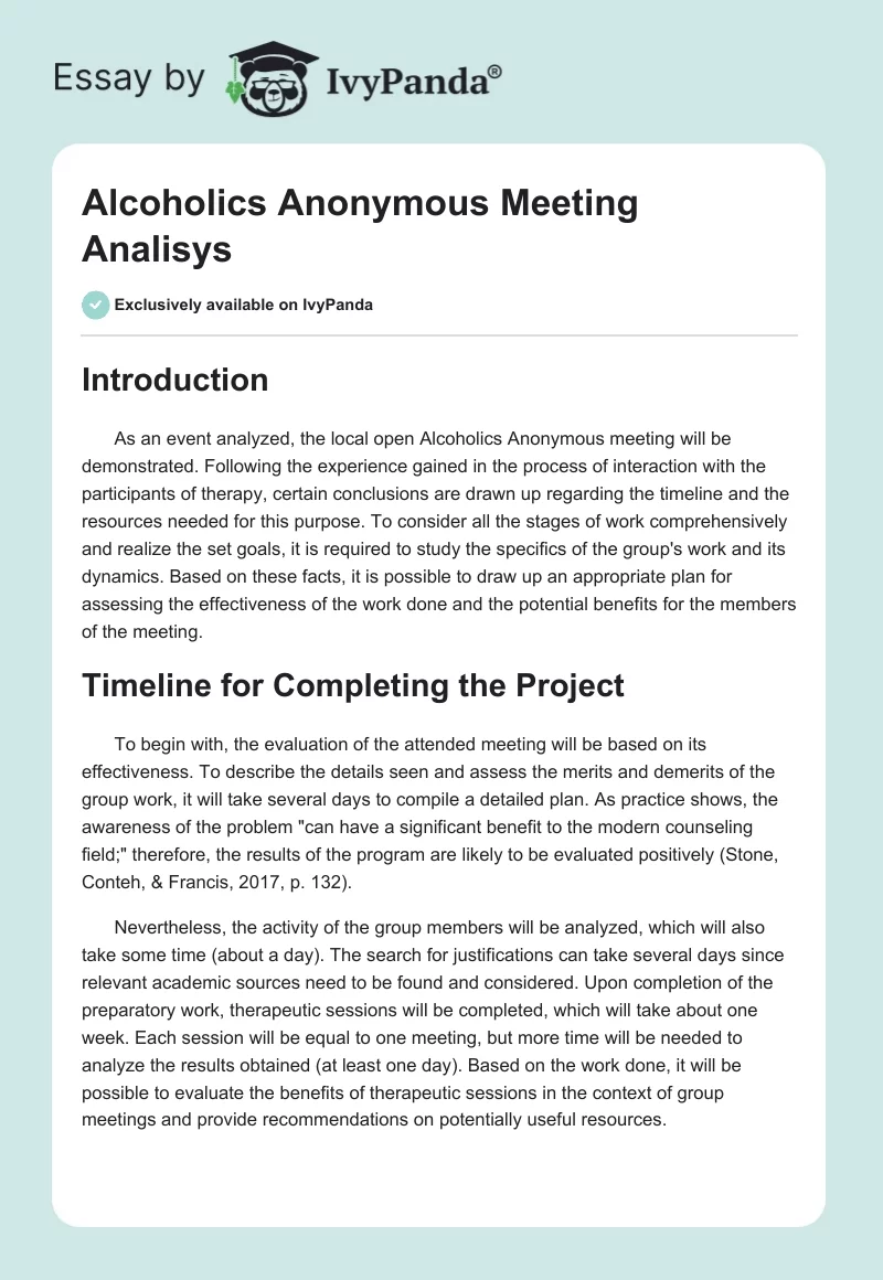 Alcoholics Anonymous Meeting Analisys. Page 1