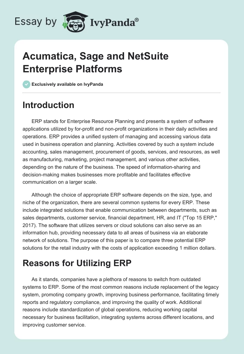Acumatica, Sage and NetSuite Enterprise Platforms. Page 1