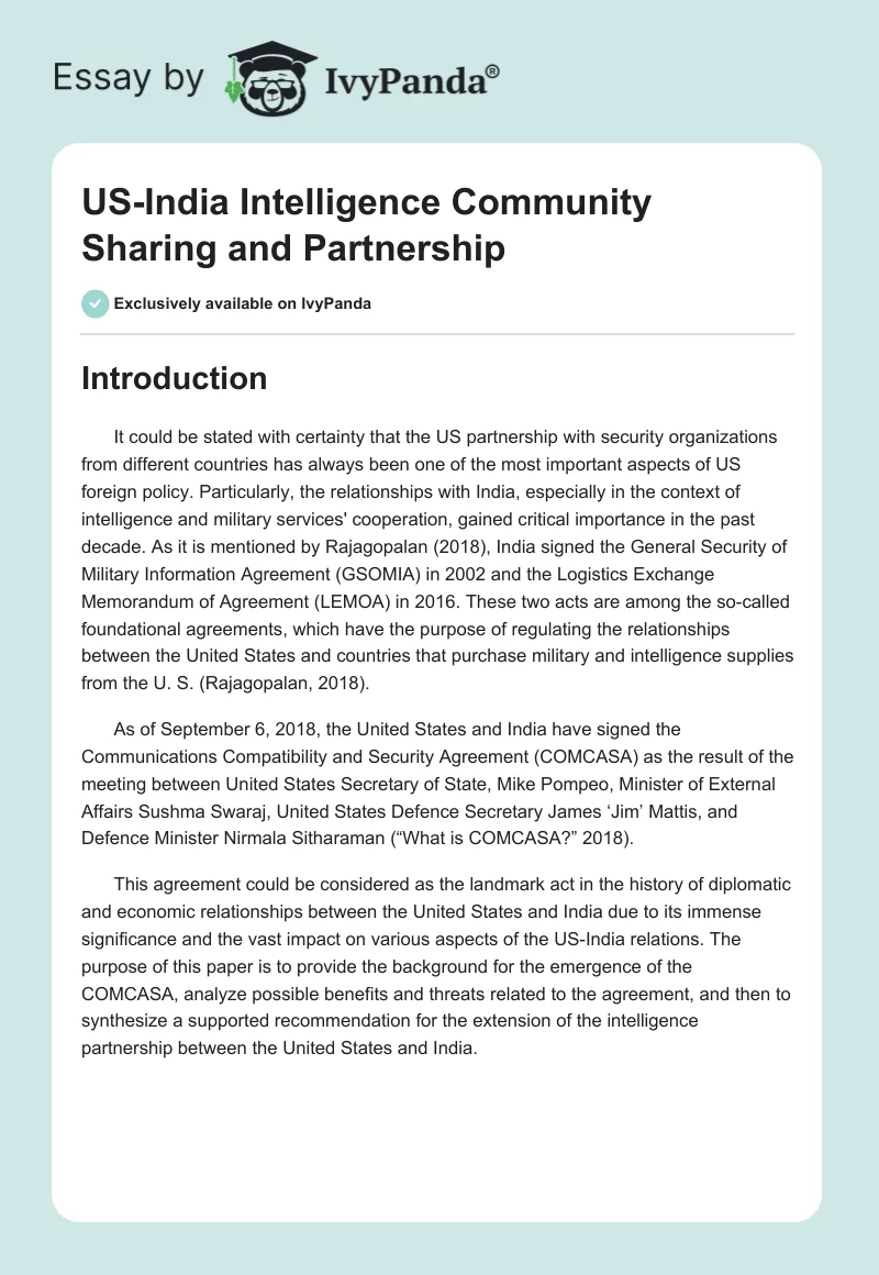 US-India Intelligence Community Sharing and Partnership. Page 1