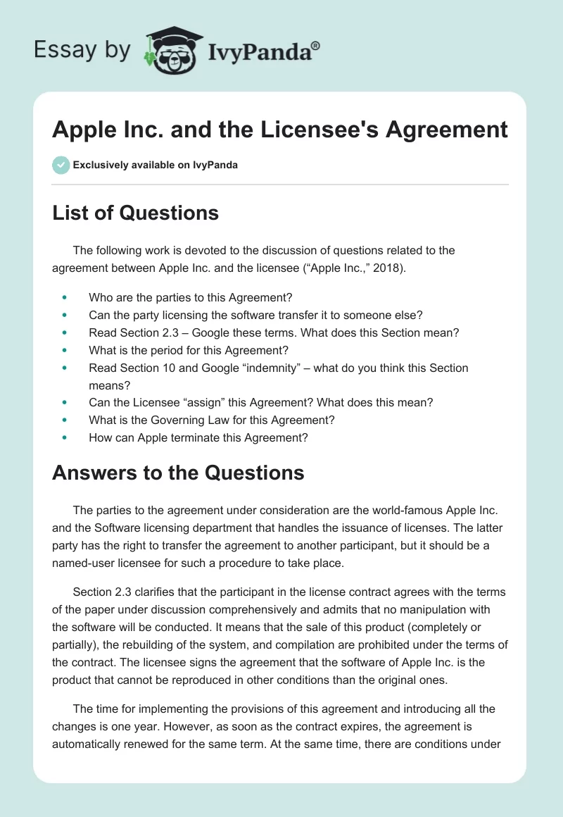Apple Inc. and the Licensee's Agreement. Page 1