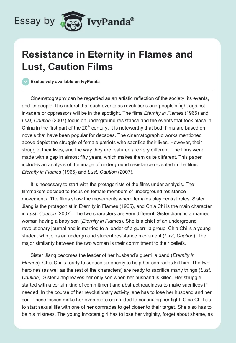 Resistance in "Eternity in Flames" and "Lust, Caution" Films. Page 1