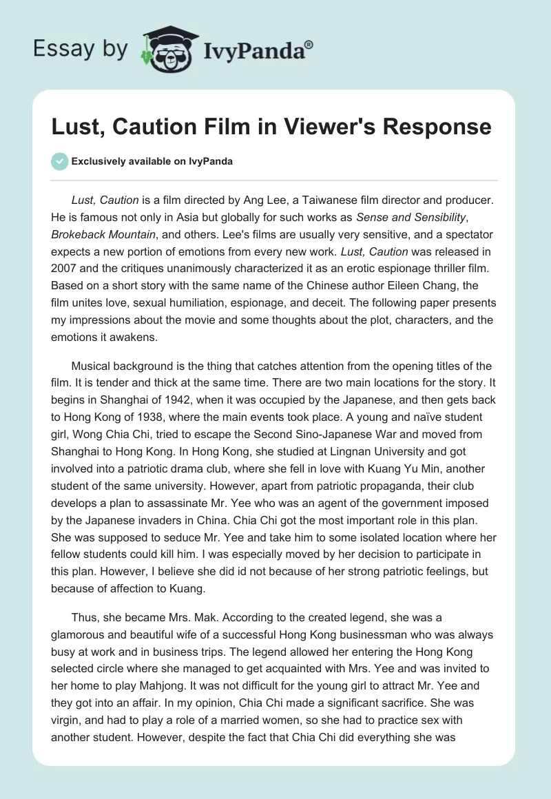 "Lust, Caution" Film in Viewer's Response. Page 1