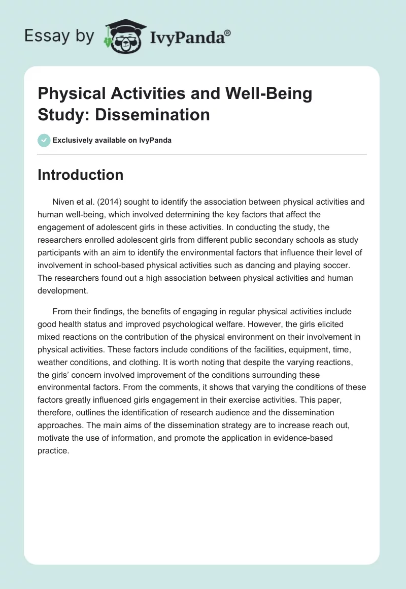 Physical Activities and Well-Being Study: Dissemination. Page 1
