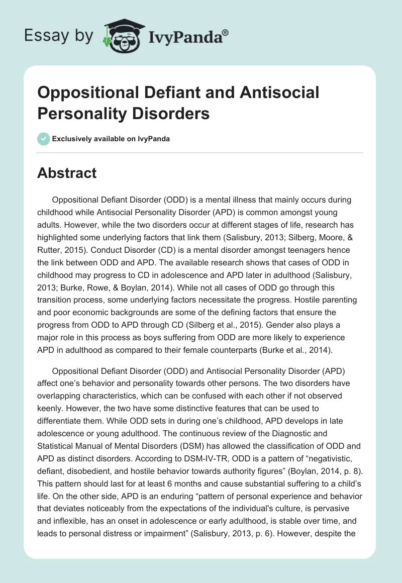 Oppositional Defiant and Antisocial Personality Disorders. Page 1