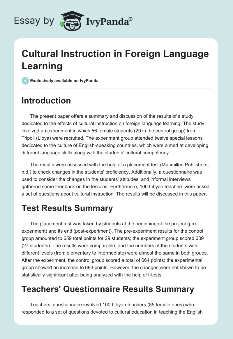 Cultural Instruction in Foreign Language Learning. Page 1