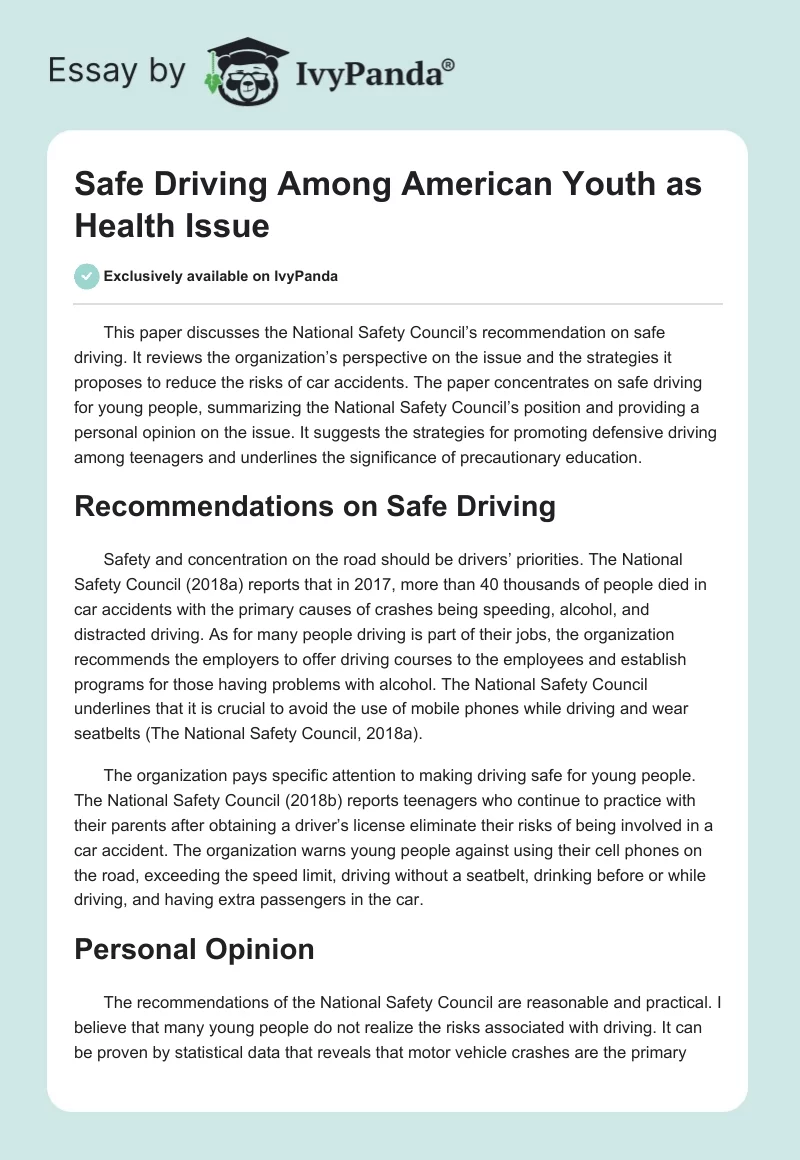 Safe Driving Among American Youth as Health Issue. Page 1