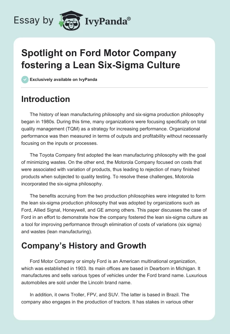 Spotlight on Ford Motor Company Fostering a Lean Six-Sigma Culture. Page 1