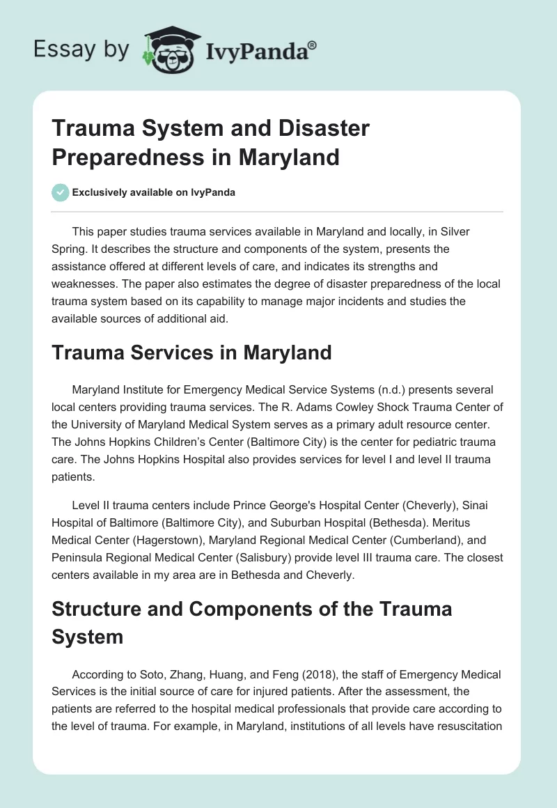 Trauma System and Disaster Preparedness in Maryland. Page 1