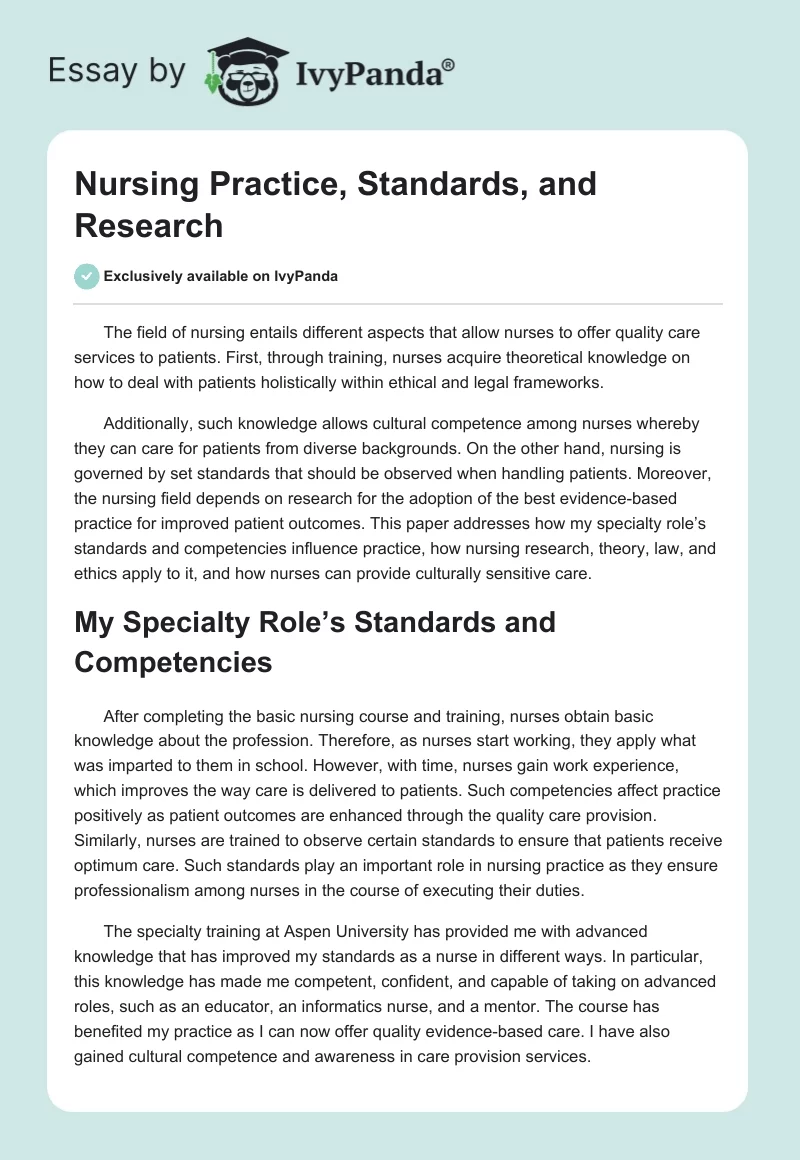 Nursing Practice, Standards, and Research. Page 1