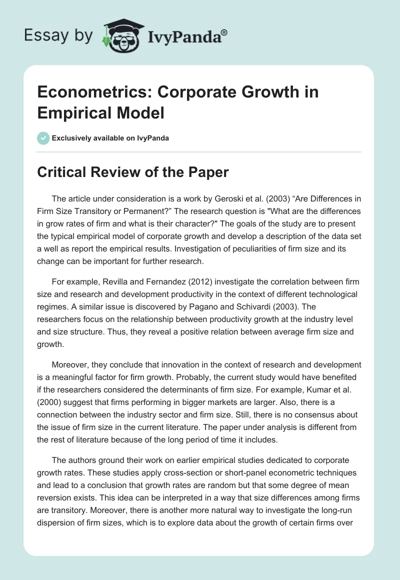 Firm Size Dynamics: A Longitudinal Study of Growth Rates. Page 1