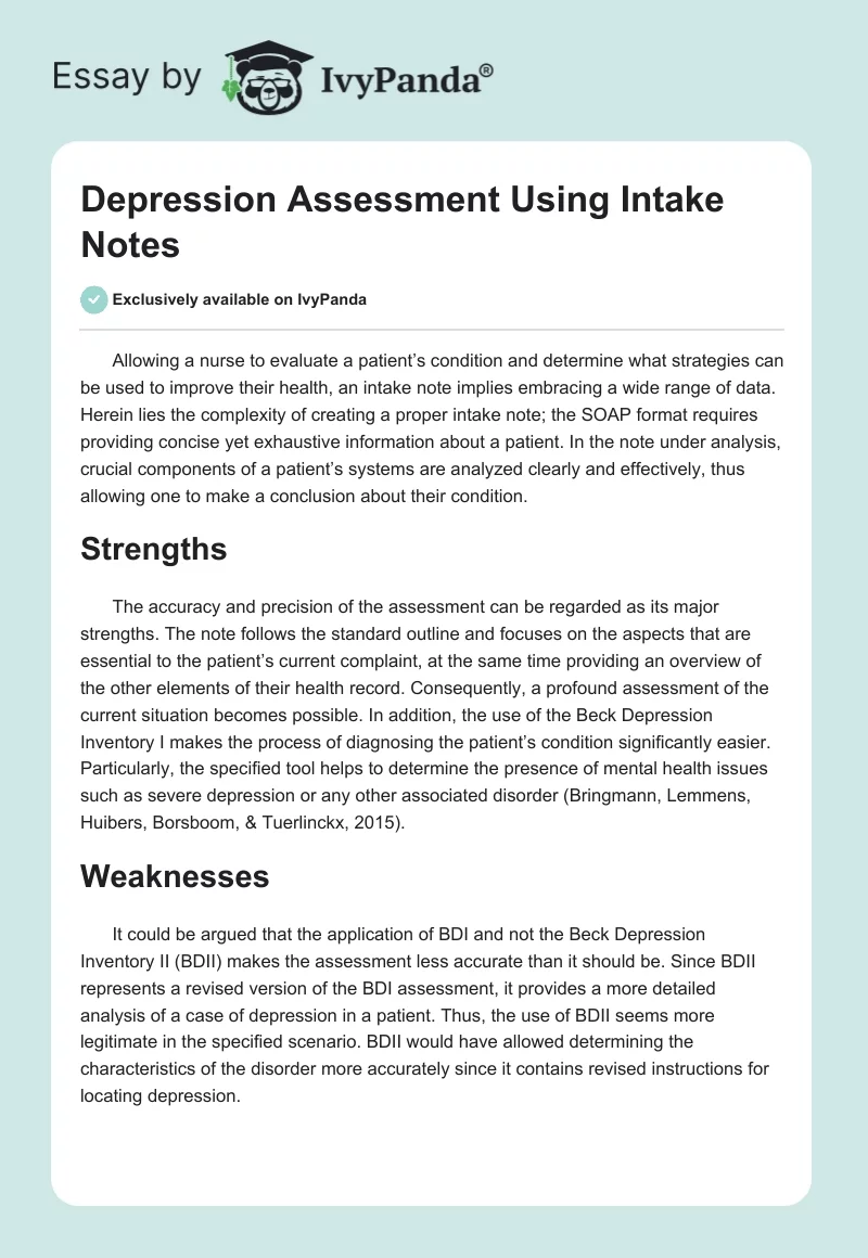 Depression Assessment Using Intake Notes. Page 1