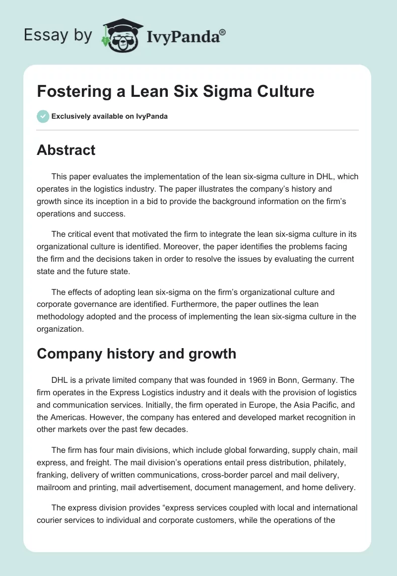 Fostering a Lean Six Sigma Culture. Page 1