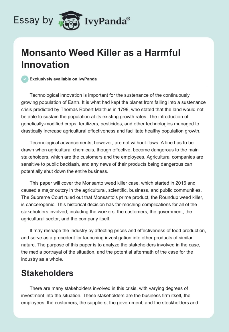 Monsanto Weed Killer as a Harmful Innovation. Page 1