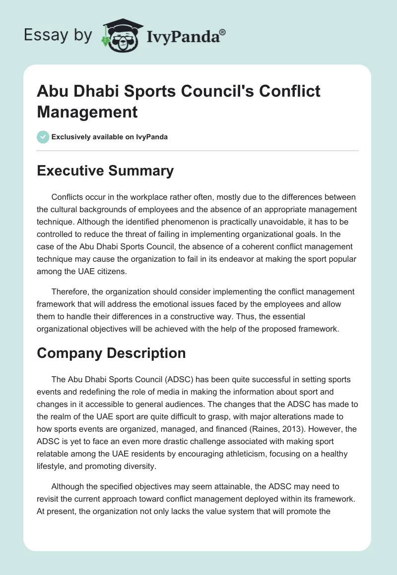 Abu Dhabi Sports Council's Conflict Management. Page 1