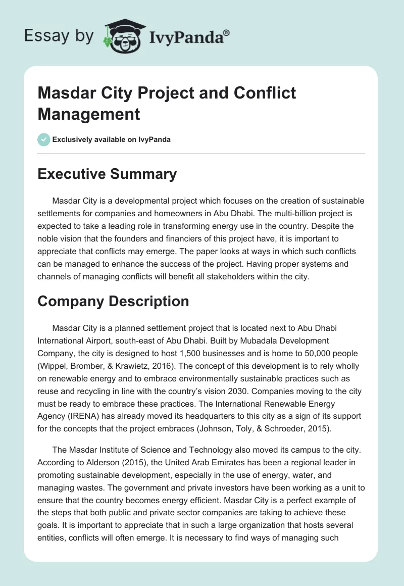 Masdar City Project and Conflict Management. Page 1