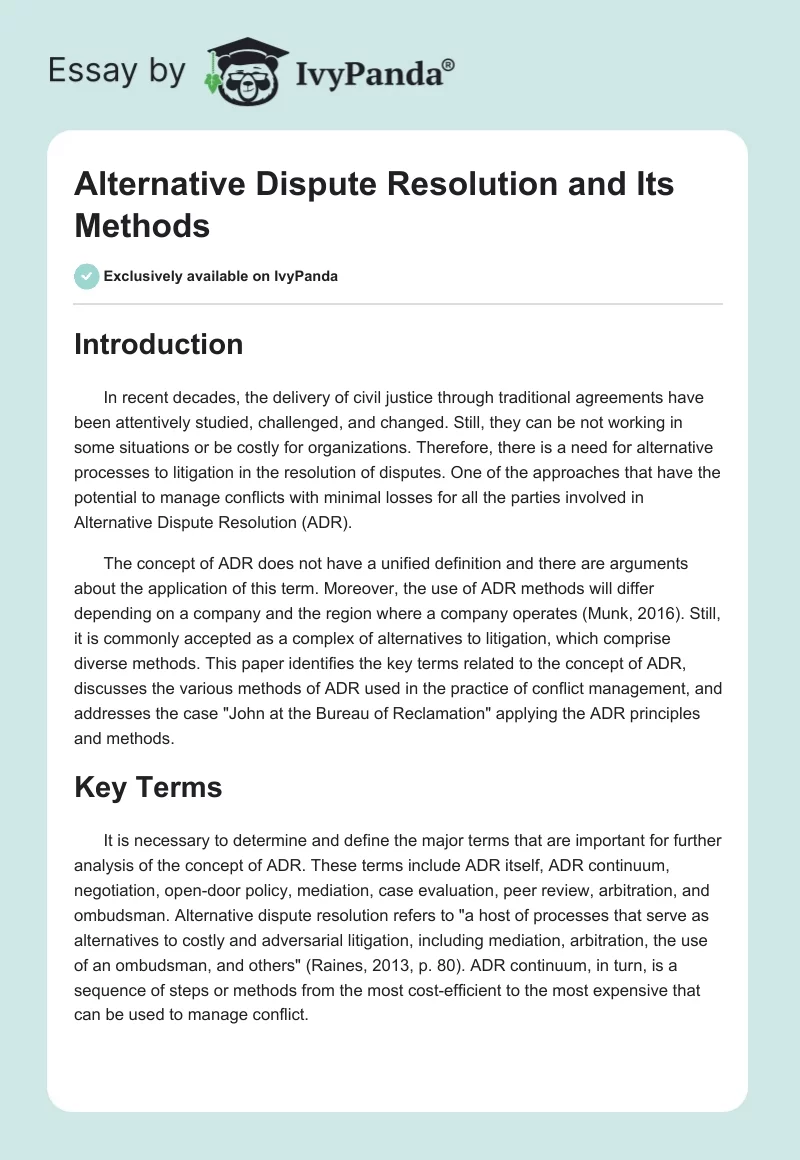 Alternative Dispute Resolution and Its Methods. Page 1