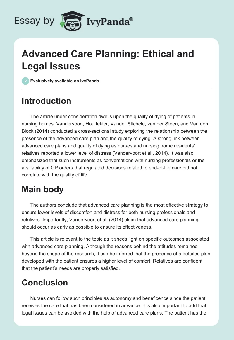 Advanced Care Planning: Ethical and Legal Issues. Page 1