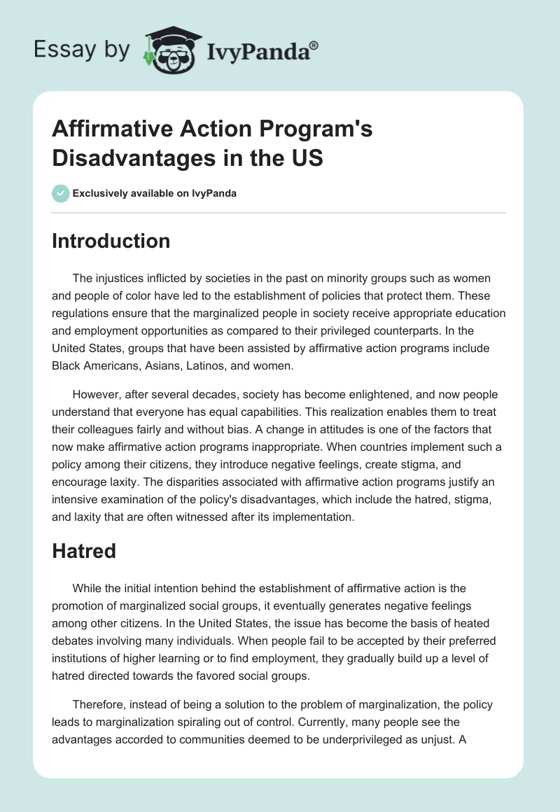 Affirmative Action Program's Disadvantages in the US. Page 1