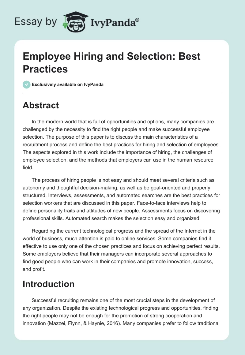 Employee Hiring and Selection: Best Practices. Page 1