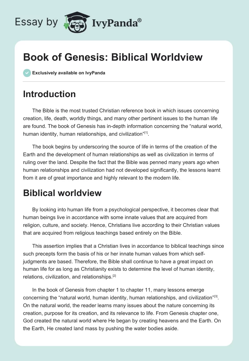 Book of Genesis: Biblical Worldview. Page 1