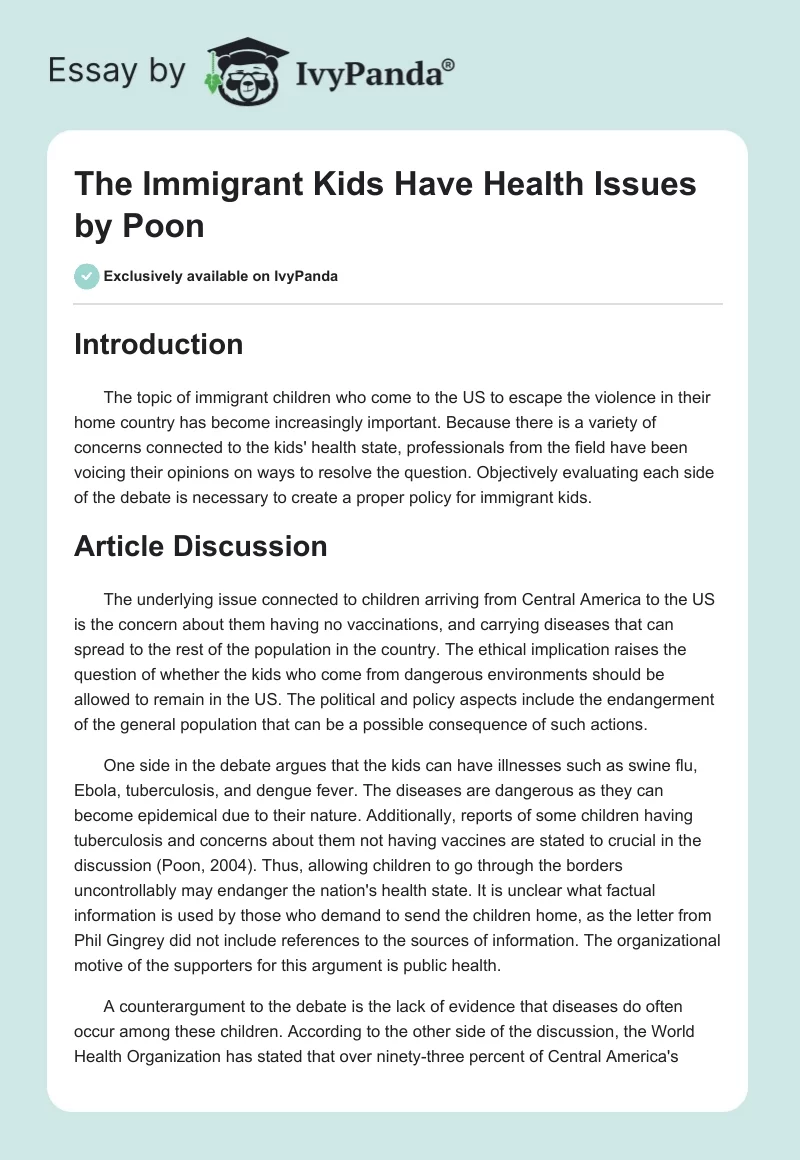 "The Immigrant Kids Have Health Issues" by Poon. Page 1