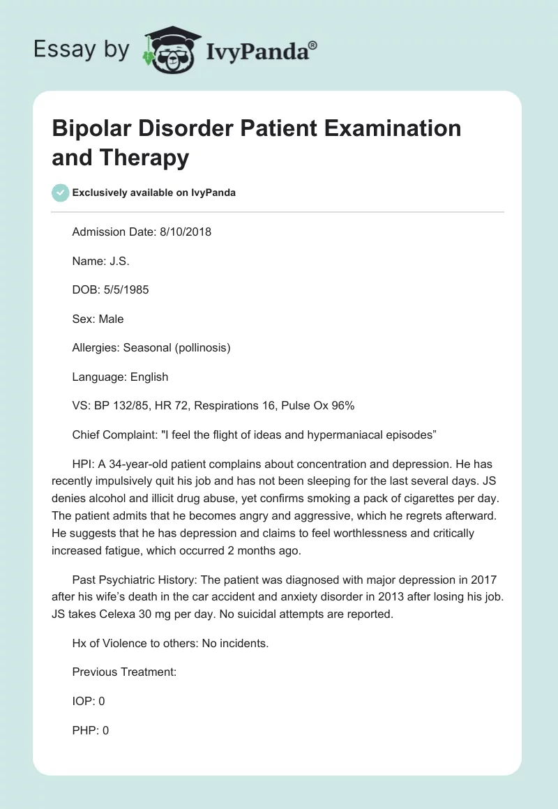 Bipolar Disorder Patient Examination and Therapy. Page 1