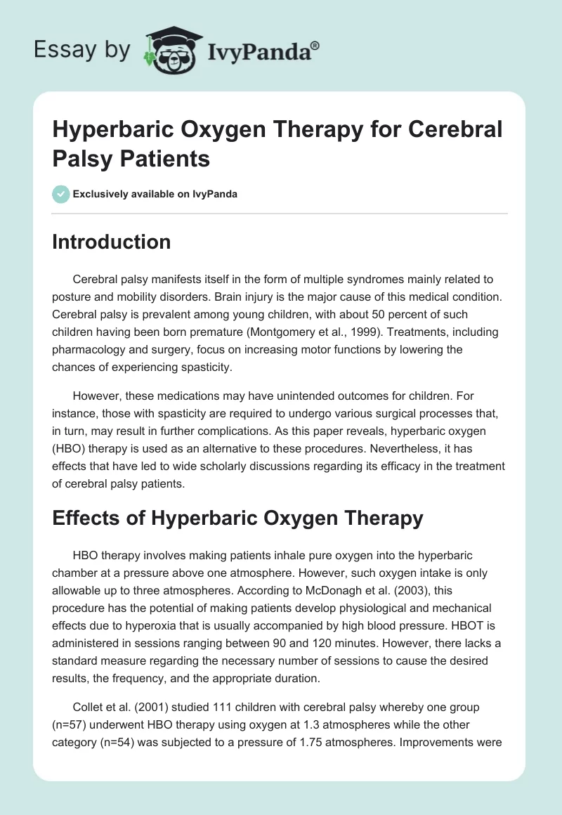 Hyperbaric Oxygen Therapy for Cerebral Palsy Patients. Page 1