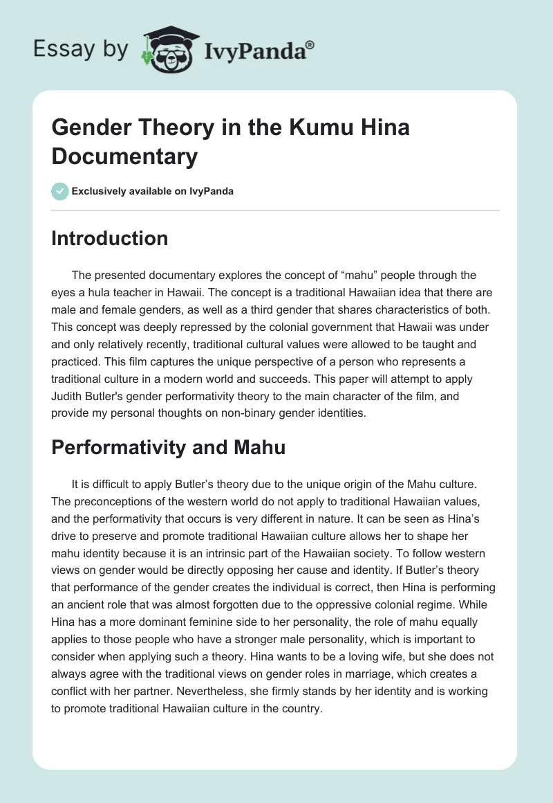Gender Theory in the "Kumu Hina" Documentary. Page 1