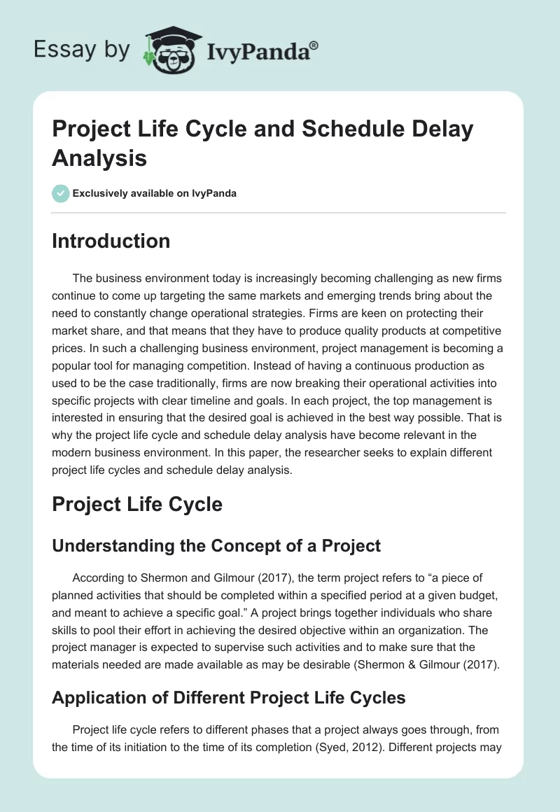 Project Life Cycle and Schedule Delay Analysis. Page 1