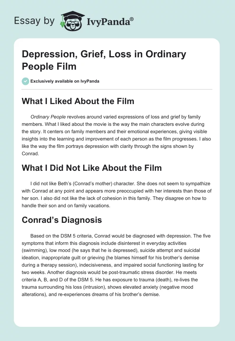 Depression, Grief, Loss in "Ordinary People" Film. Page 1