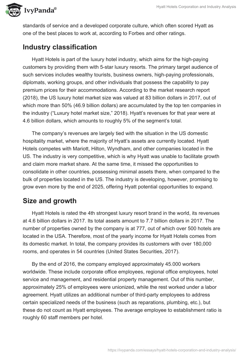 Hyatt Hotels Corporation and Industry Analysis. Page 5