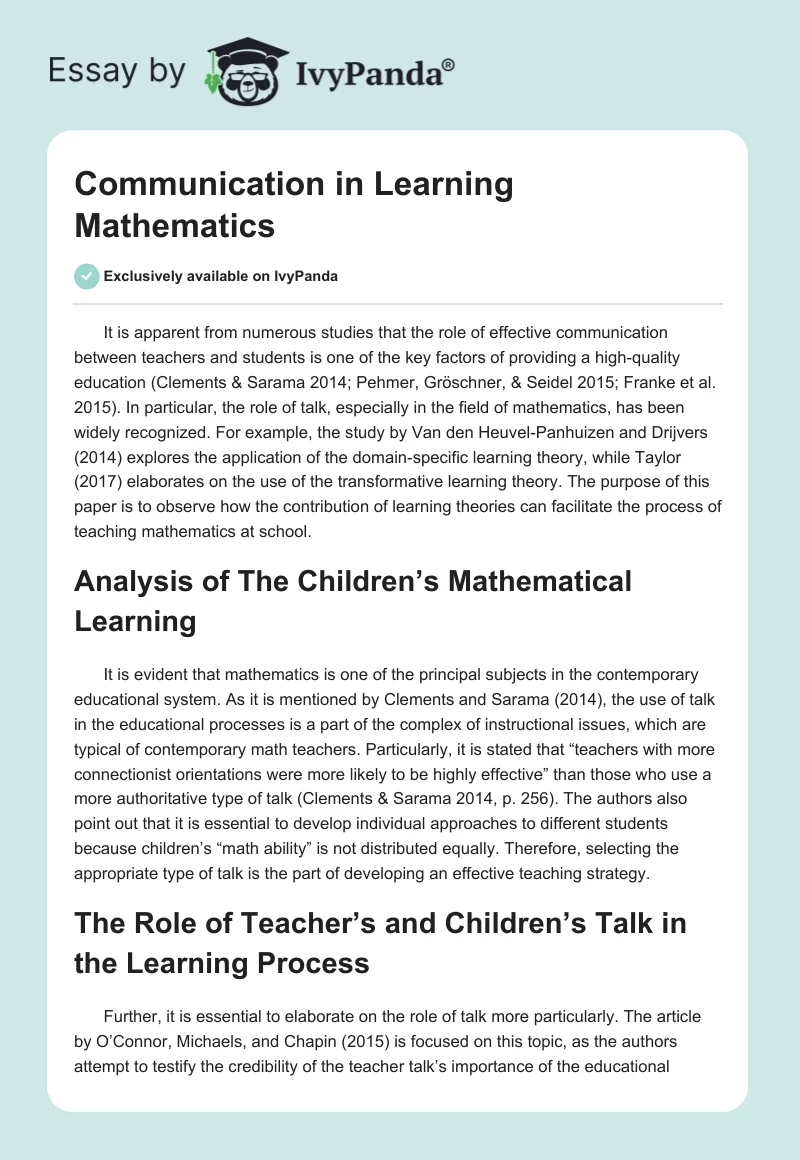 Communication in Learning Mathematics. Page 1