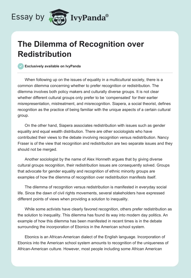 The Dilemma of Recognition over Redistribution. Page 1