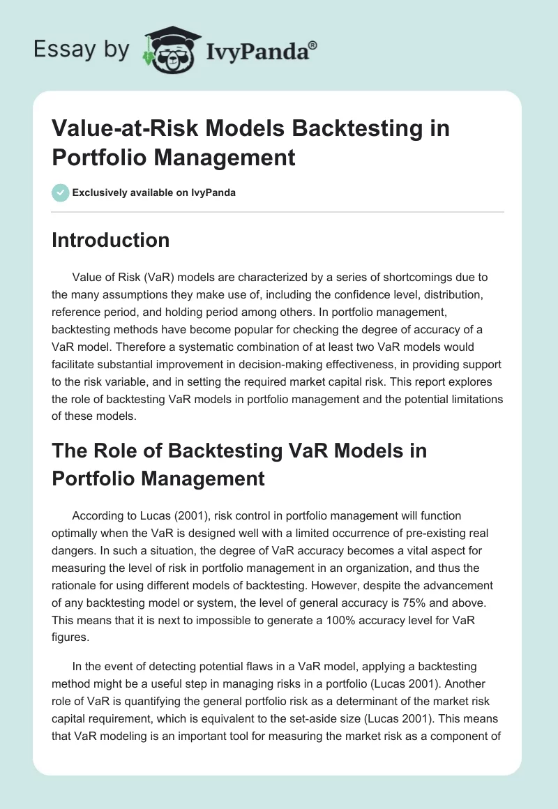 Value-at-Risk Models Backtesting in Portfolio Management. Page 1