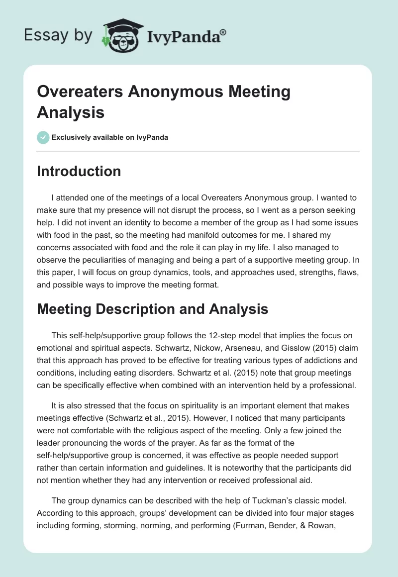 Overeaters Anonymous Meeting Analysis. Page 1