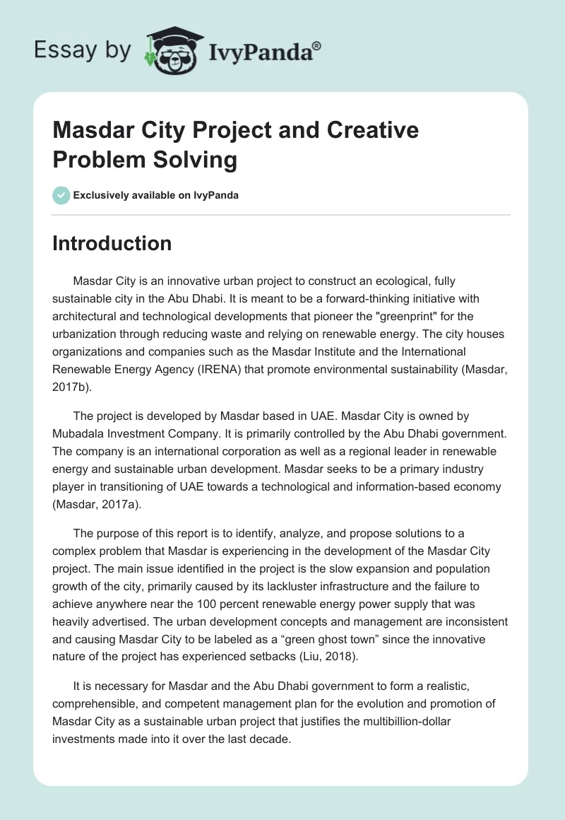Masdar City Project and Creative Problem Solving. Page 1