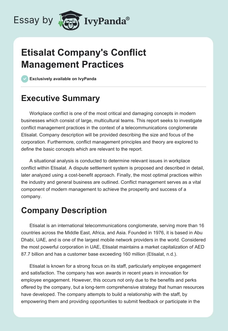 Etisalat Company's Conflict Management Practices. Page 1