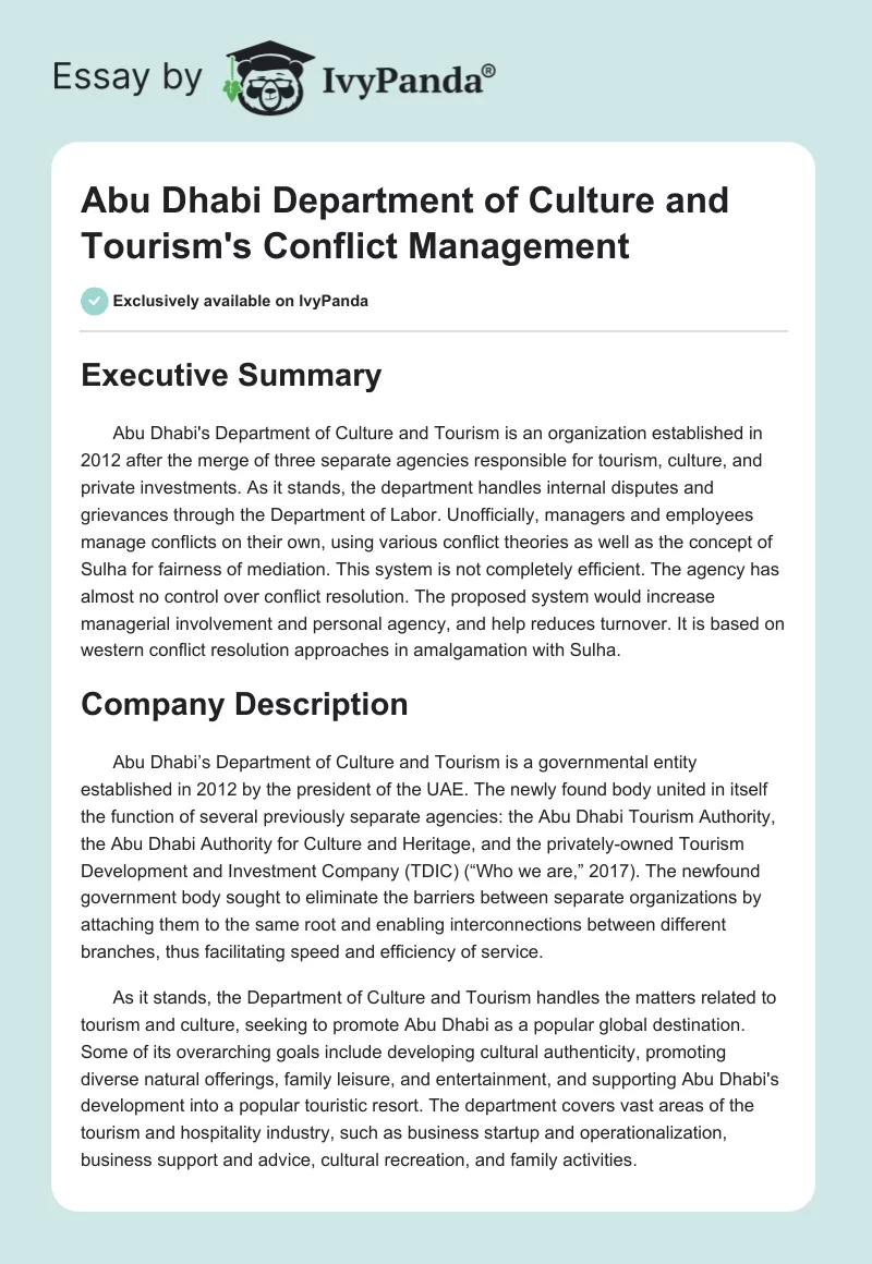 Abu Dhabi Department of Culture and Tourism's Conflict Management. Page 1