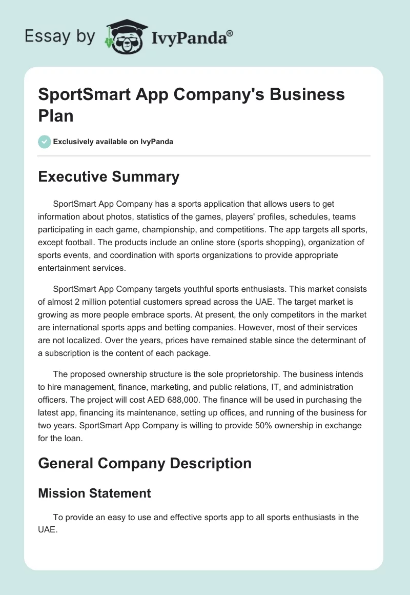 SportSmart App Company's Business Plan. Page 1