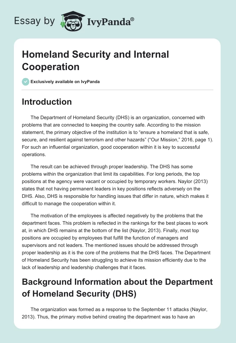 Homeland Security and Internal Cooperation. Page 1
