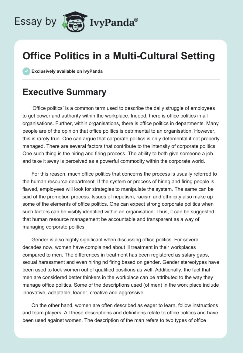 Office Politics in a Multi-Cultural Setting. Page 1