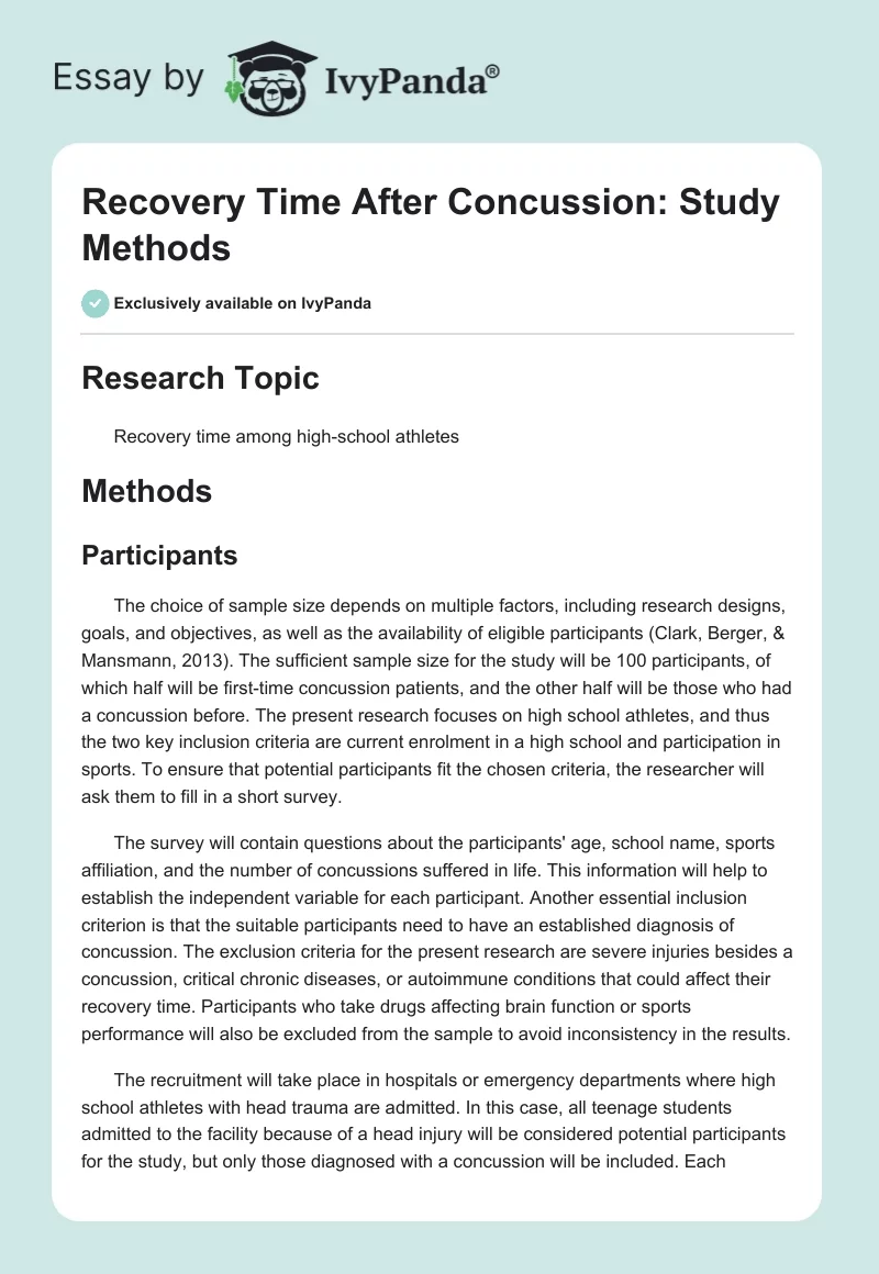 Recovery Time After Concussion: Study Methods. Page 1