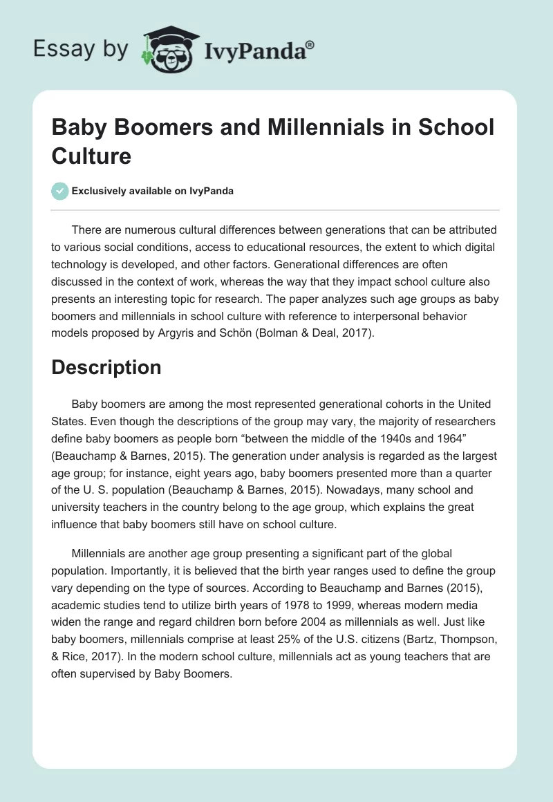 Baby Boomers and Millennials in School Culture. Page 1